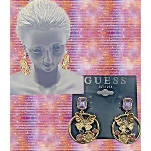 Guess Butterfly Lilac-Pink Accent Stones Gold-Tone Front Facing Hoop Earrings